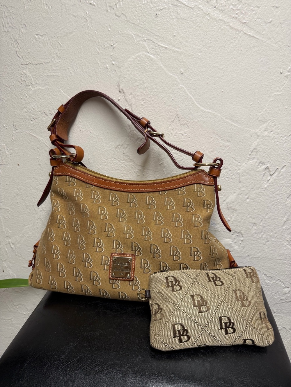 Dooney & Bourke Tan/Brown Logo Jacquard Shoulder Bag with Matching Pouch